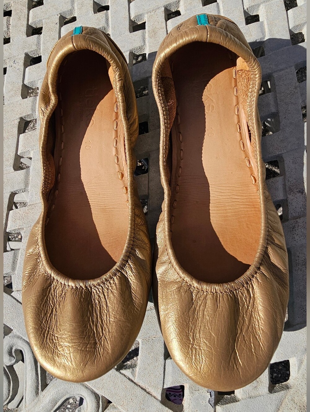 Tieks Metallic Gold Ballet Flats with Teal Heel Tab